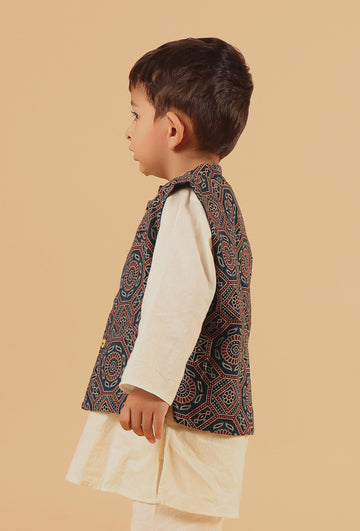 Taha Indigo Ajrakh Print Cotton Nehru Jacket